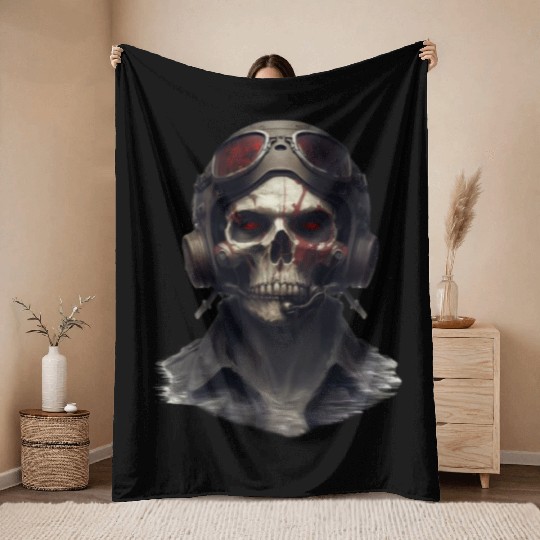 The Aviator's Skull Throw Blankets
