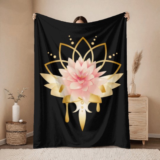 Lotus with gold petals icon Throw Blankets
