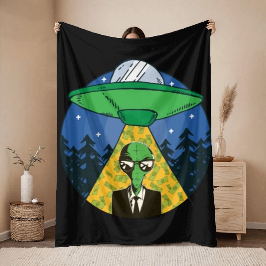 Alien Money Investing Money Lover Space Abduction Throw Blankets