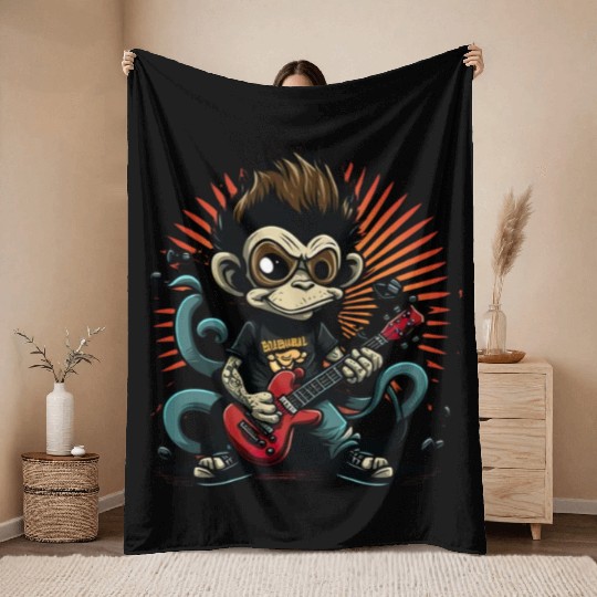Monkey Chimpanzee Playing Acousitc Rock Guitar Throw Blankets
