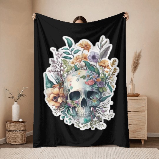 Botanical Skull Design Throw Blankets