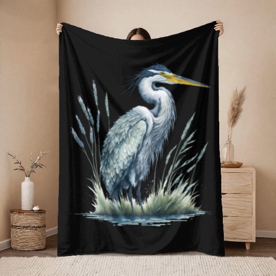 Watercolor Heron in Nature Throw Blankets
