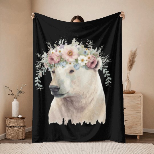 Watercolor Polar Bear Flower Crown Boho Aesthetic Throw Blankets