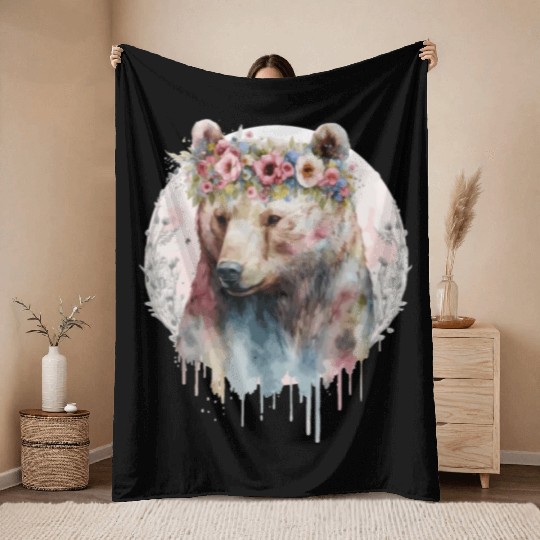 Artistic Watercolor Grizzly Bear Flower Crown Boho Throw Blankets