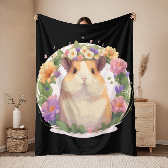 Cute Watercolor Hamster Flower Crown Floral Pet Ro Throw Blankets