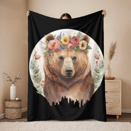 Cute Brown Bear Grizzly Flower Crown Animal Lovers Throw Blankets