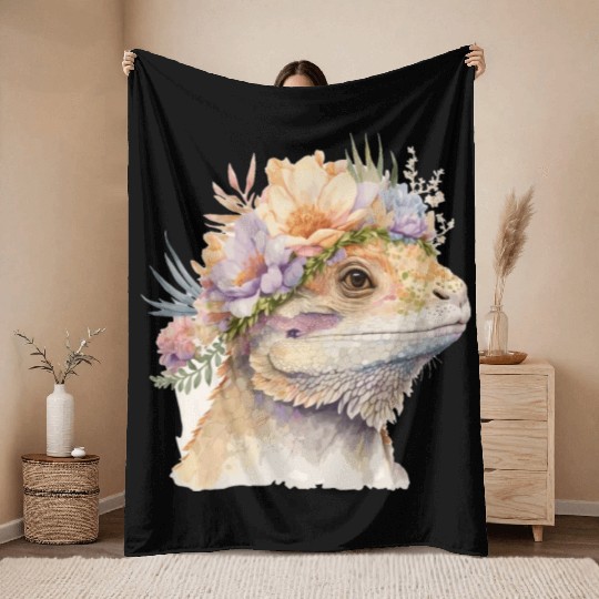 Cute Bearded Dragon Flower Crown Floral Watercolor Throw Blankets