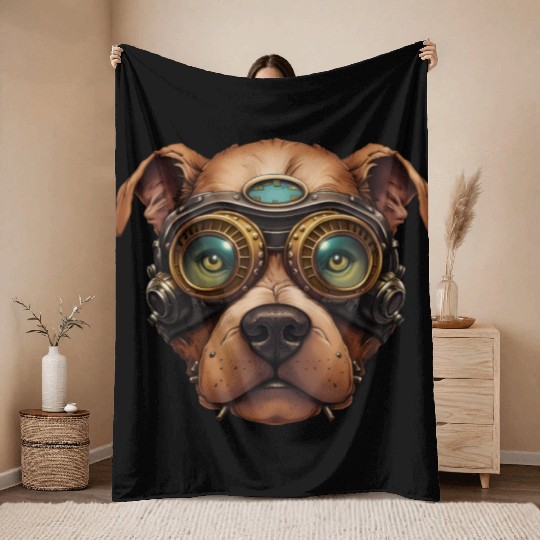 Steampunk Pitbull Dog in Clockwork Glassess Throw Blankets