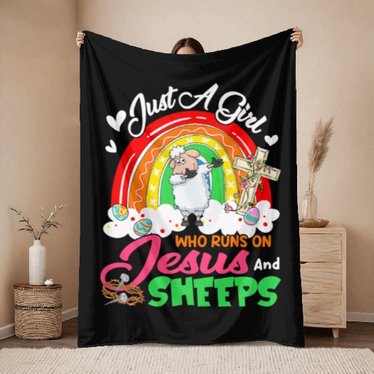 Just A Girl Who Runs On Jesus And Sheeps Easter Throw Blankets