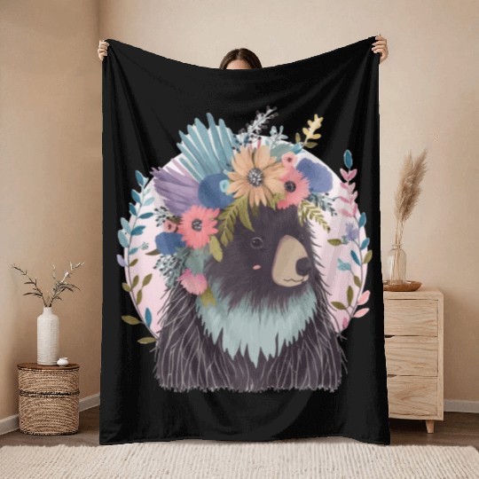 Cute Porcupine Flower Crown Watercolor Floral Throw Blankets