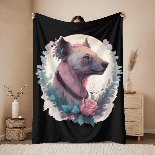 Watercolor Hyena Flower Crown Africa Safari Animal Throw Blankets