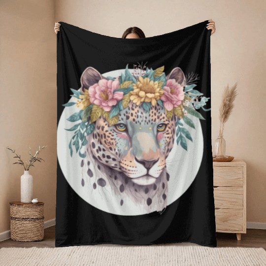 Floral Jaguar Flower Crown Watercolor Animal Throw Blankets