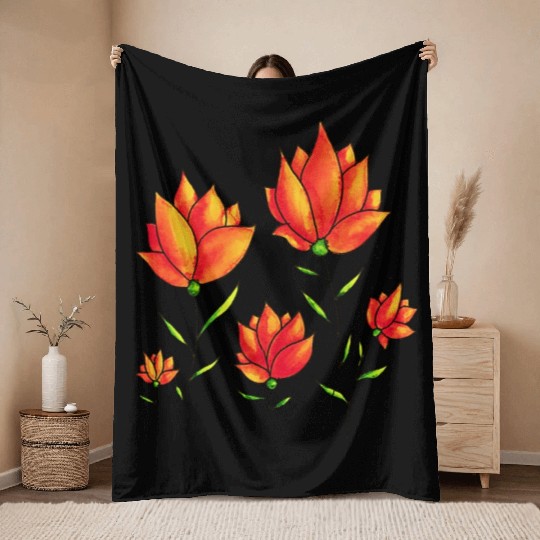 Orange Flowers In Green Spring Watercolor Throw Blankets
