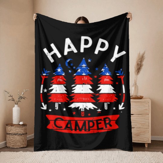 Happy Camper US Flag Patriotic 4th Of July Throw Blankets