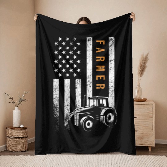 Farmer American Flag Design Farm Farming Throw Blankets