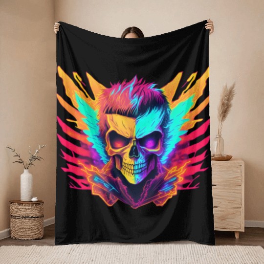 Neon Wings Skull Throw Blankets