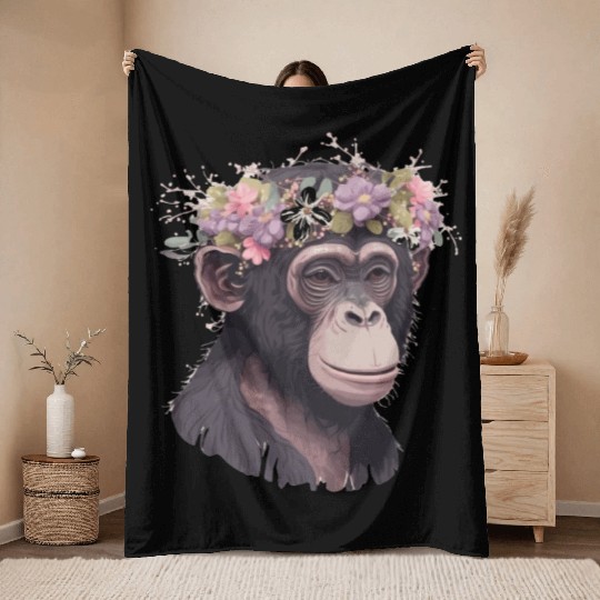 Cute Chimp Chimpanzee Flower Crown Floral Ape Monk Throw Blankets