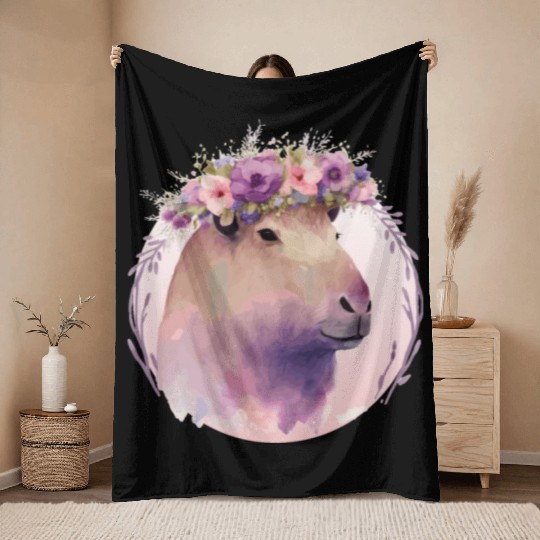 Cute Capybara Rodent Flower Crown Floral Watercolo Throw Blankets