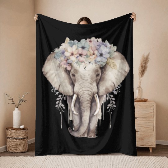 Watercolor Elephant Flower Crown Africa Safari Ani Throw Blankets