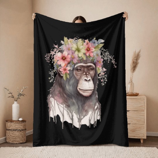 Cute Monkey Flower Crown Floral Watercolor Throw Blankets