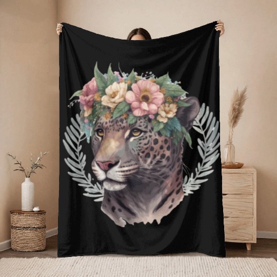 Watercolor Jaguar Flower Crown Wild Cat Lover Throw Blankets