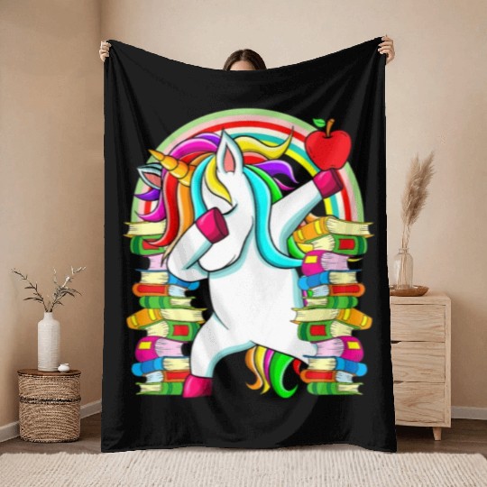 Womens Reading Teacher Dabbing Unicorn Elementary Throw Blankets