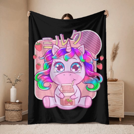 Funny Kawaii Unicorn Strawberry Milk Shake Throw Blankets