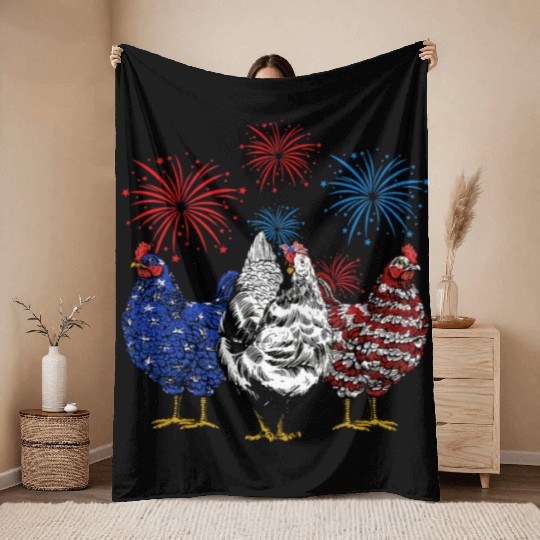 Funny Chickens American Flag Patriotic Farmer 4th Throw Blankets