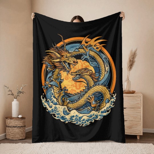 Vintage Japanese Dragon Sun Tattoo Design 1 Throw Blankets