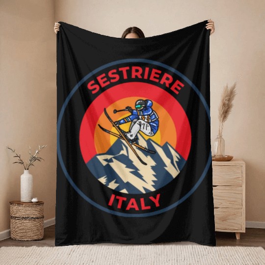 Vintage Cool Skiing in Sestriere Italy Sunset Throw Blankets