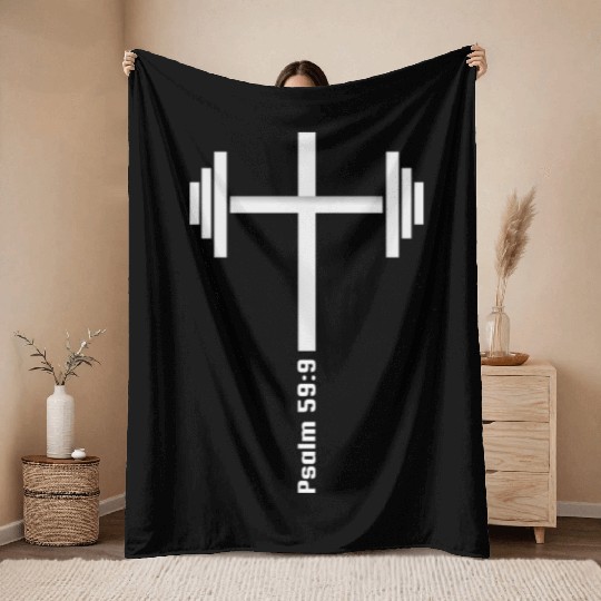Bible Verse: Psalm 59:9 white Dumbbell Cross Throw Blankets