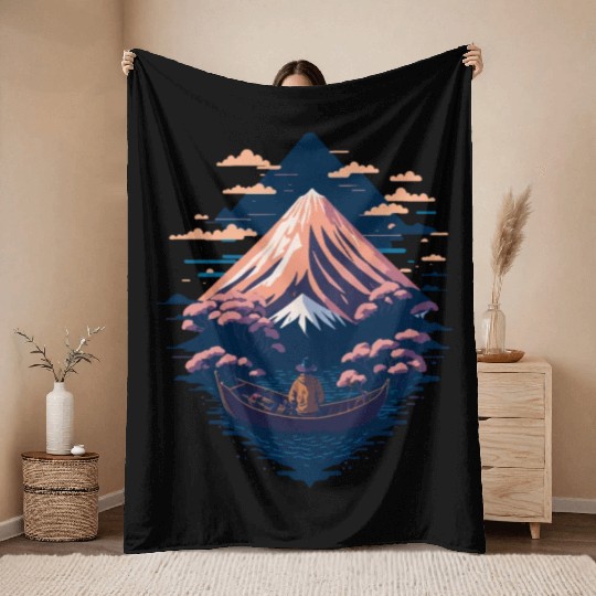 Serene Mount Fuji Sunset Peaceful River Scenery Throw Blankets