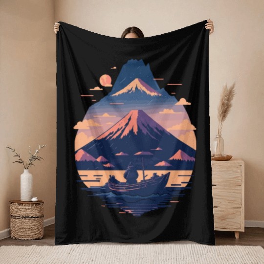 Serene Mount Fuji Sunset Peaceful River Scenery Throw Blankets