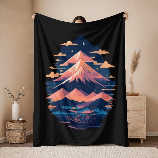 Serene Mount Fuji Sunset Peaceful River Scenery Throw Blankets