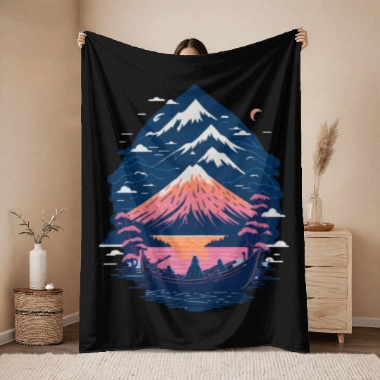 Serene Mount Fuji Sunset Peaceful River Scenery Throw Blankets