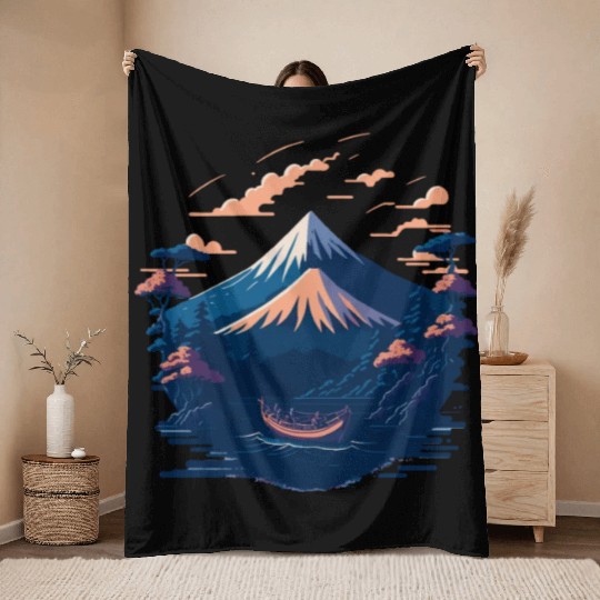 Serene Mount Fuji Sunset Peaceful River Scenery Throw Blankets