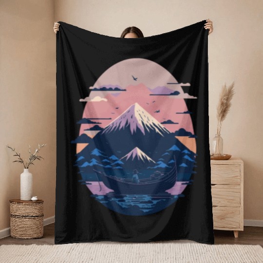 Serene Mount Fuji Sunset Peaceful River Scenery Throw Blankets
