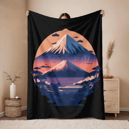 Serene Mount Fuji Sunset Peaceful River Scenery Throw Blankets