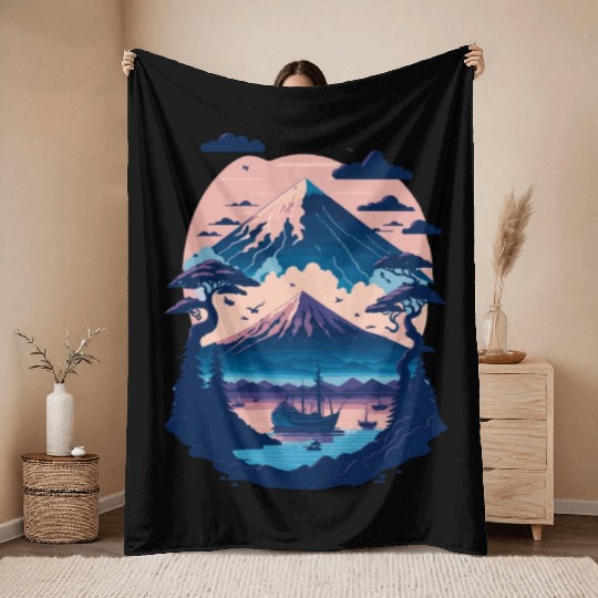 Serene Mount Fuji Sunset Peaceful River Scenery Throw Blankets