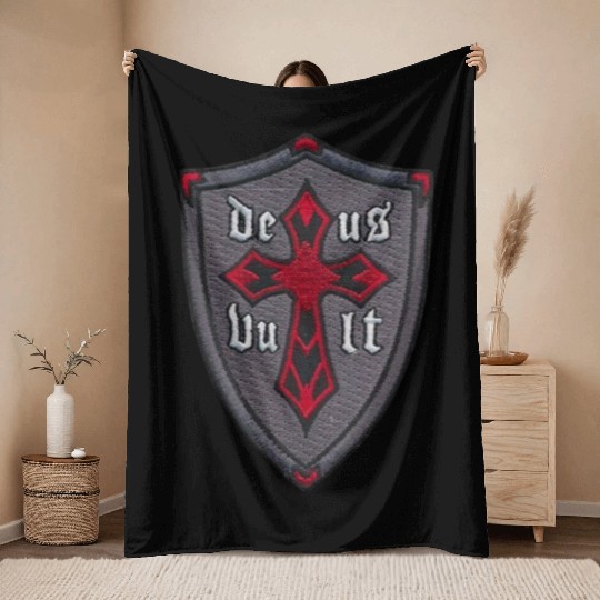Deus Vult Cross on Shield Throw Blankets