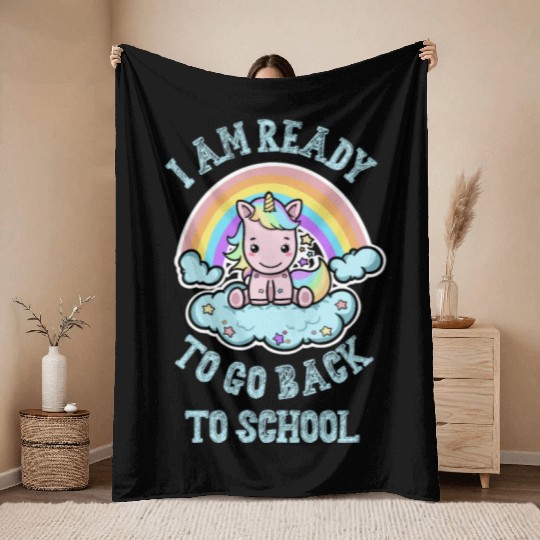 Ready to Go Back to School Kawaii Unicorn Rainbow Throw Blankets