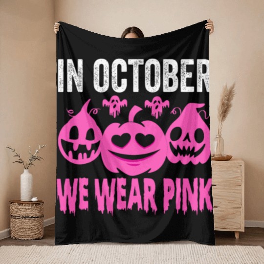 In October We Wear Pink Breast Cancer Pumpkin Hall Throw Blankets