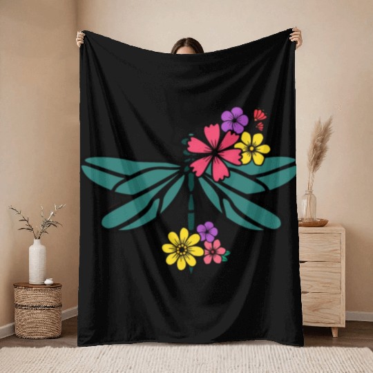 dragonfly with colorful flowers Throw Blankets