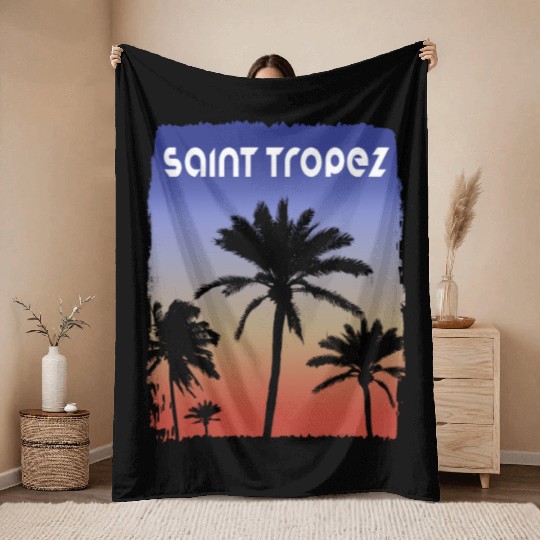 Saint Tropez Sunset Vacation Souvenir Palm Tree Throw Blankets