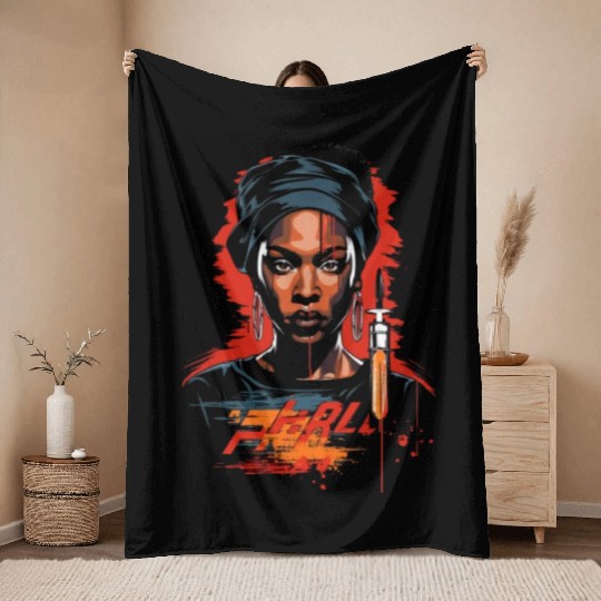 African American Nurse Afro Woman Syringe Nursing Throw Blankets