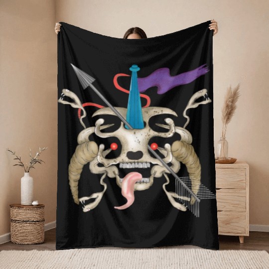Evil alien skull with a tongue Throw Blankets