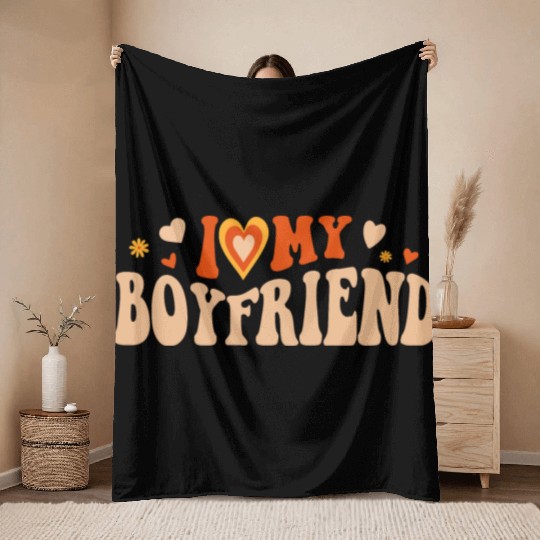 I Love My Boyfriend Groovy Red Heart My Boyfriend Throw Blankets