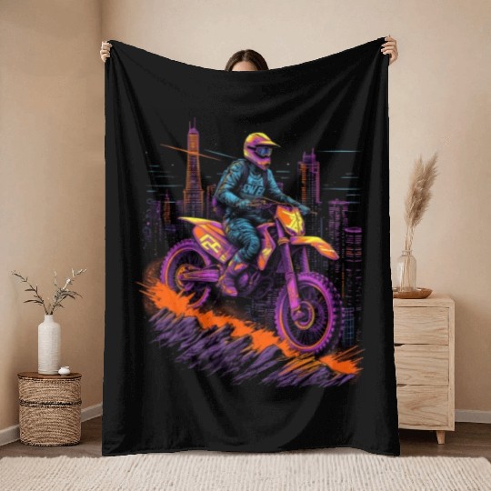 Dirt Bike Biking City Skyline Motocross Throw Blankets