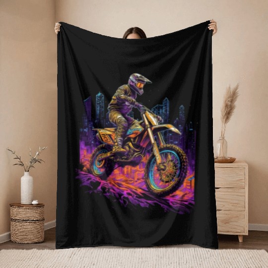 Dirt Bike Biking City Skyline Motocross Throw Blankets