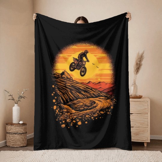Dirt Bike Jumping Dirt Mound Motorcycle Biker Throw Blankets